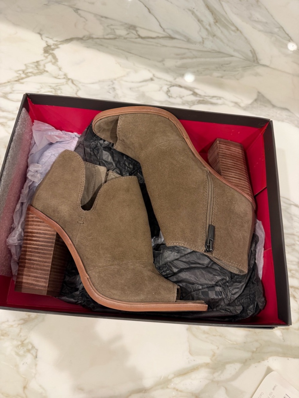 Women's Taupe Suede Peep-Toe Block Heel Booties